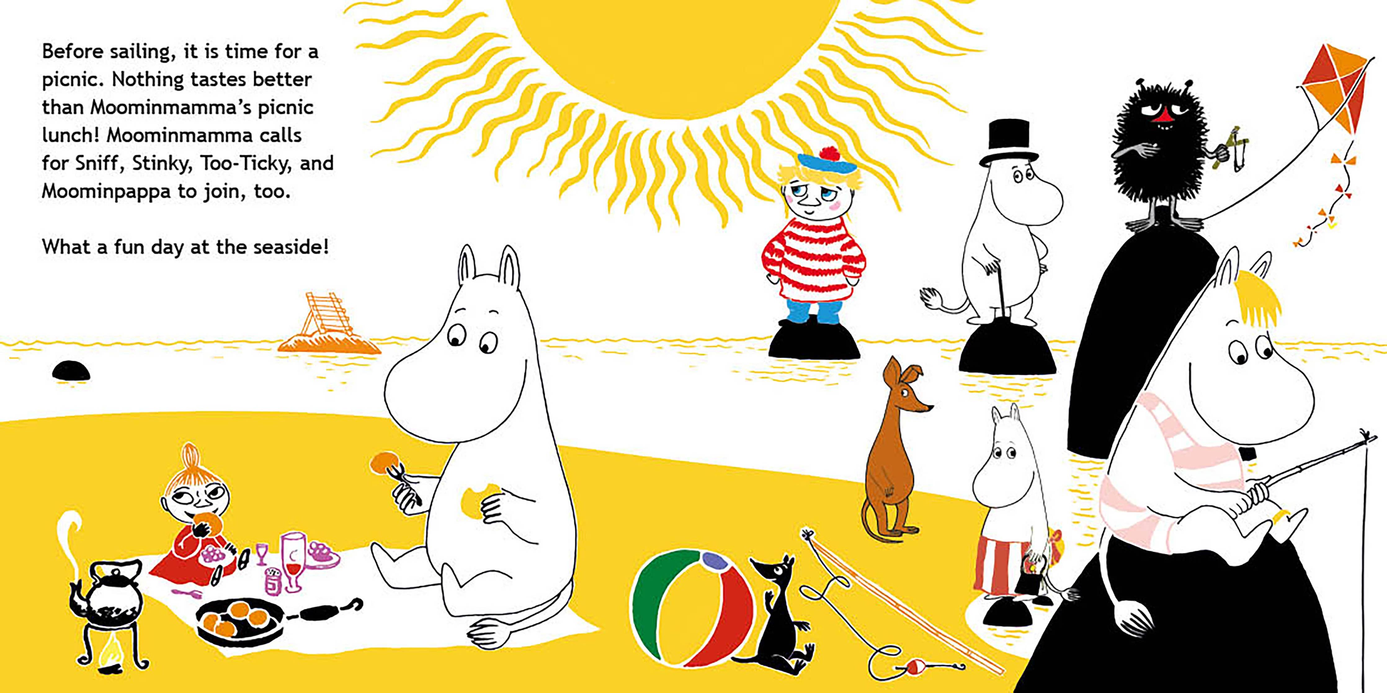 Enjoy a seaside picnic with Moominvalley friends in "Book: Moominvalley Friends at the Seaside" by Katariina Heilala—read and play with wooden Moomin figures, perfect for young fans of interactive board books.