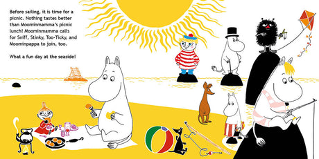 Enjoy a seaside picnic with Moominvalley friends in "Book: Moominvalley Friends at the Seaside" by Katariina Heilala—read and play with wooden Moomin figures, perfect for young fans of interactive board books.