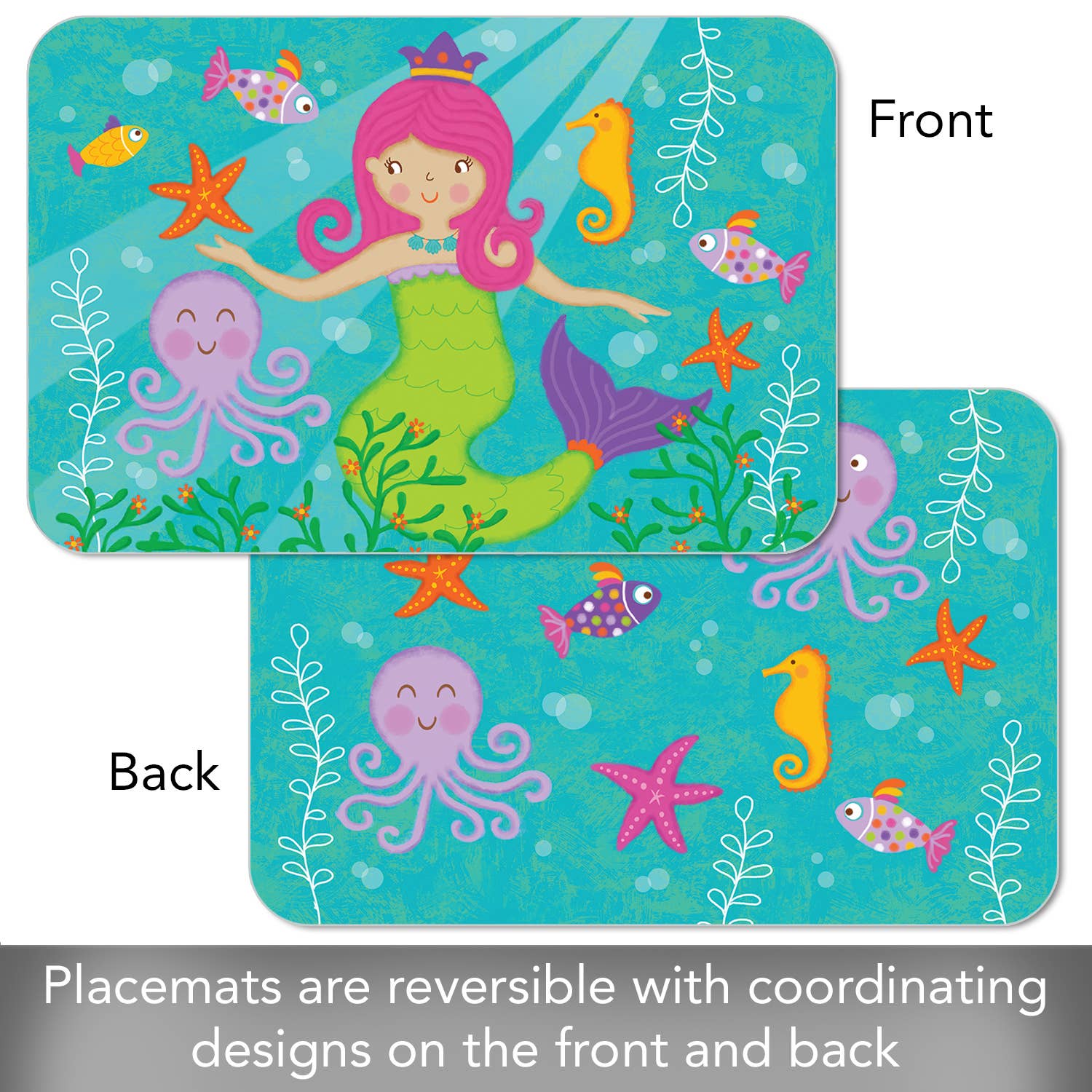 The Kids Mermaid Reversible Rectangular Plastic Placemat, which is BPA-free and easy to care for, makes an ideal housewarming gift. Showcasing vibrant designs of mermaids, octopuses, seahorses, starfish, and seaweed on both sides, this placemat artfully combines playful charm with practicality for any table setting.