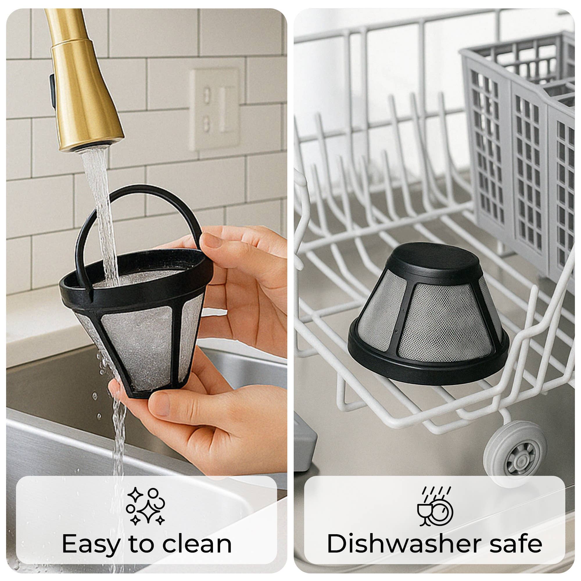 A person rinses the Kaffe Universal Permanent Coffee Filter—reusable mesh for 5-cup coffee makers—under a faucet; the same filter sits in a dishwasher rack. Text reads “Easy to clean” and “Dishwasher safe.”.