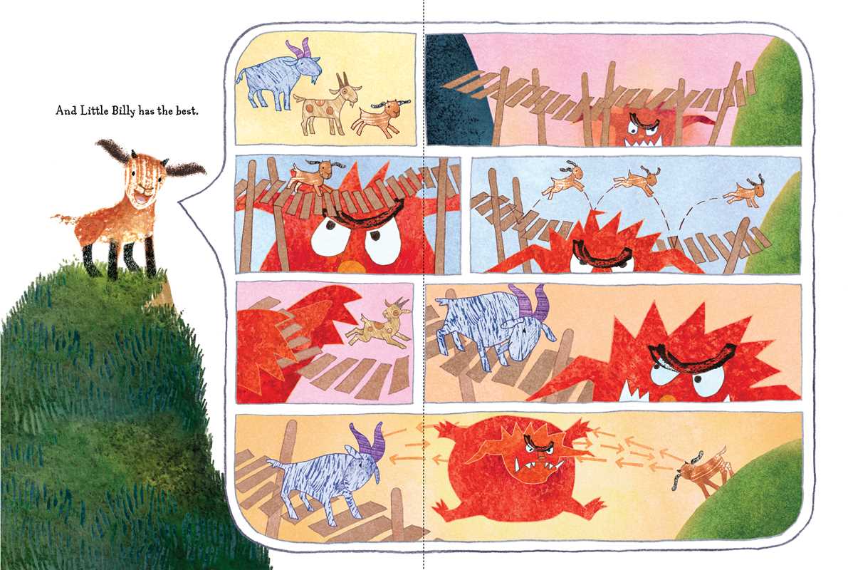 Comic panels from Book: Three Billy Goats Gruff—the FULL Story by Richard Jackson (Hardcover, 48 pages) show goats crossing a bridge, challenging a red troll, and escaping his anger—just like in the classic fairy tale.