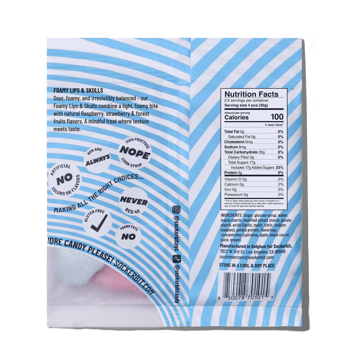The back of a Sockerbit Foamy Lips & Skulls Swedish Candy 2.8oz bag shows nutrition facts, a barcode, and details on its gluten-free sour, foamy candy with raspberry, strawberry, and forest fruit flavors—all from a Swedish recipe.