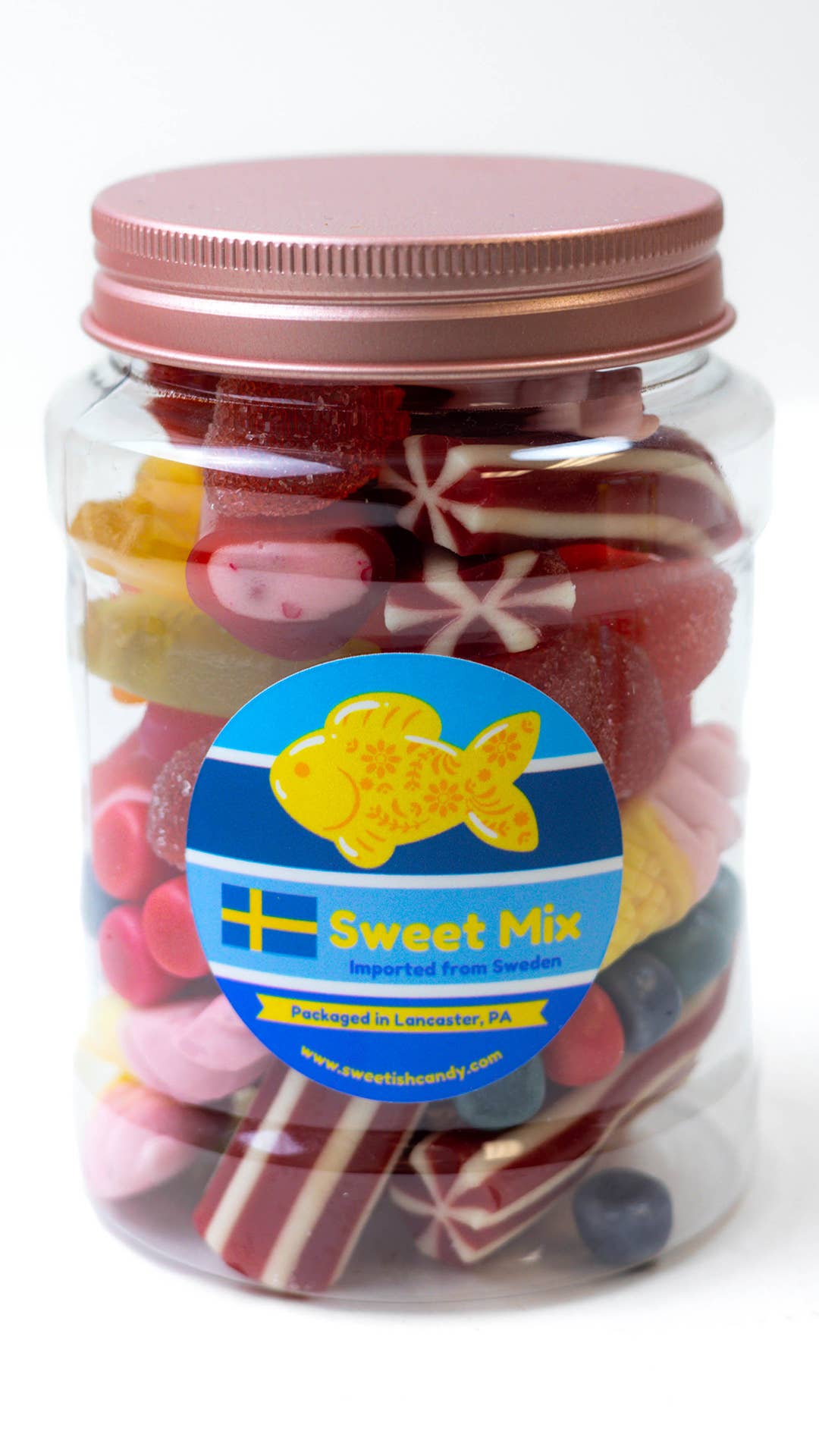 A 16-ounce jar of the assorted colorful candies, labeled as Candy: Sweetish Sweet Mix, features delightful Swedish candy imported from Sweden.