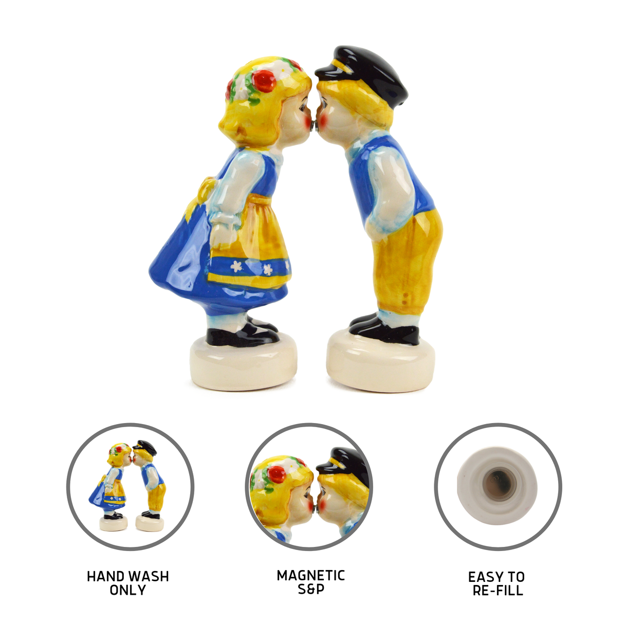 These ceramic Swedish Couple Salt & Pepper Shakers with magnets, designed as a kissing pair in traditional attire, are a charming Scandinavian gift. Easy to refill and hand wash only, they embody Swedish design.
