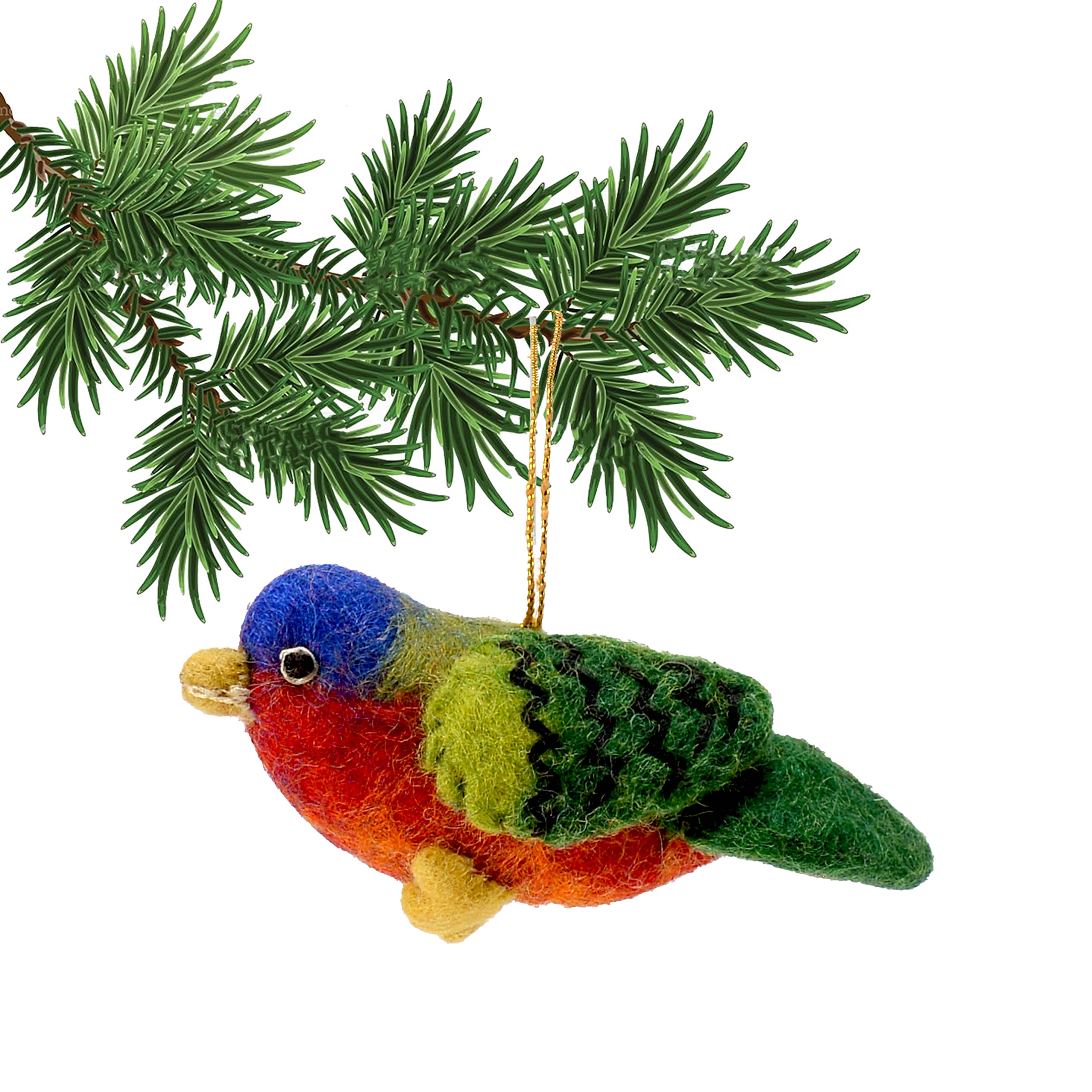 The Ornament: Felted Bird Ornament Colorful, crafted from 100% wool, perches on a lush green pine branch, creating a striking contrast against the crisp white background.