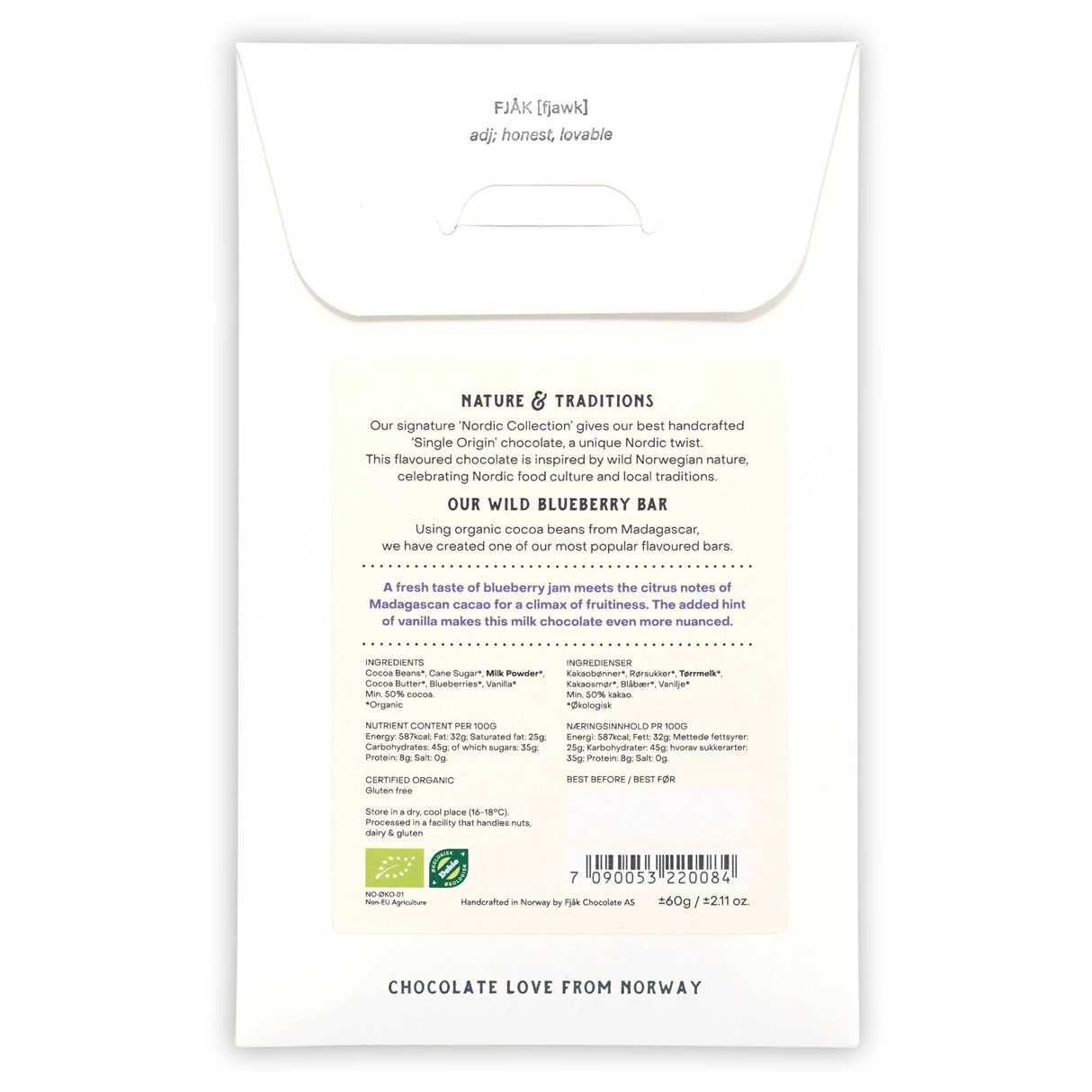 Back of a Fjak Milk Chocolate Bar with Wild Blueberry 50% (Nordic Collection) package, featuring product details, ingredients, barcode, company info; highlights Norwegian chocolate made with wild blueberries and premium organic cocoa beans.