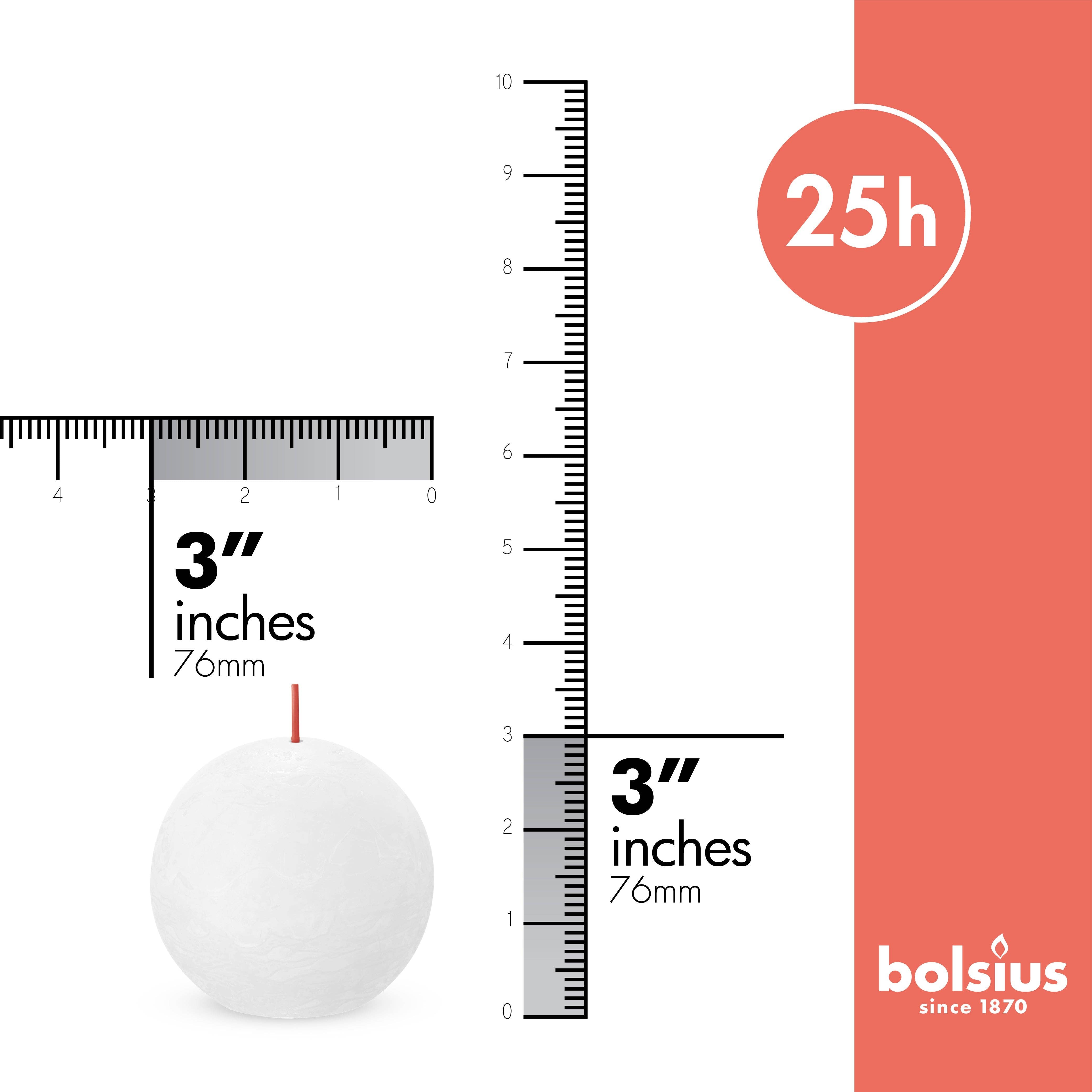 The Delicate Red Rustic 3" Ball Candle, unscented and dripless, measures 3 inches (76mm) in height and diameter. Shown with ruler graphics, 25-hour burn time text, and Bolsius logo in the bottom right corner.