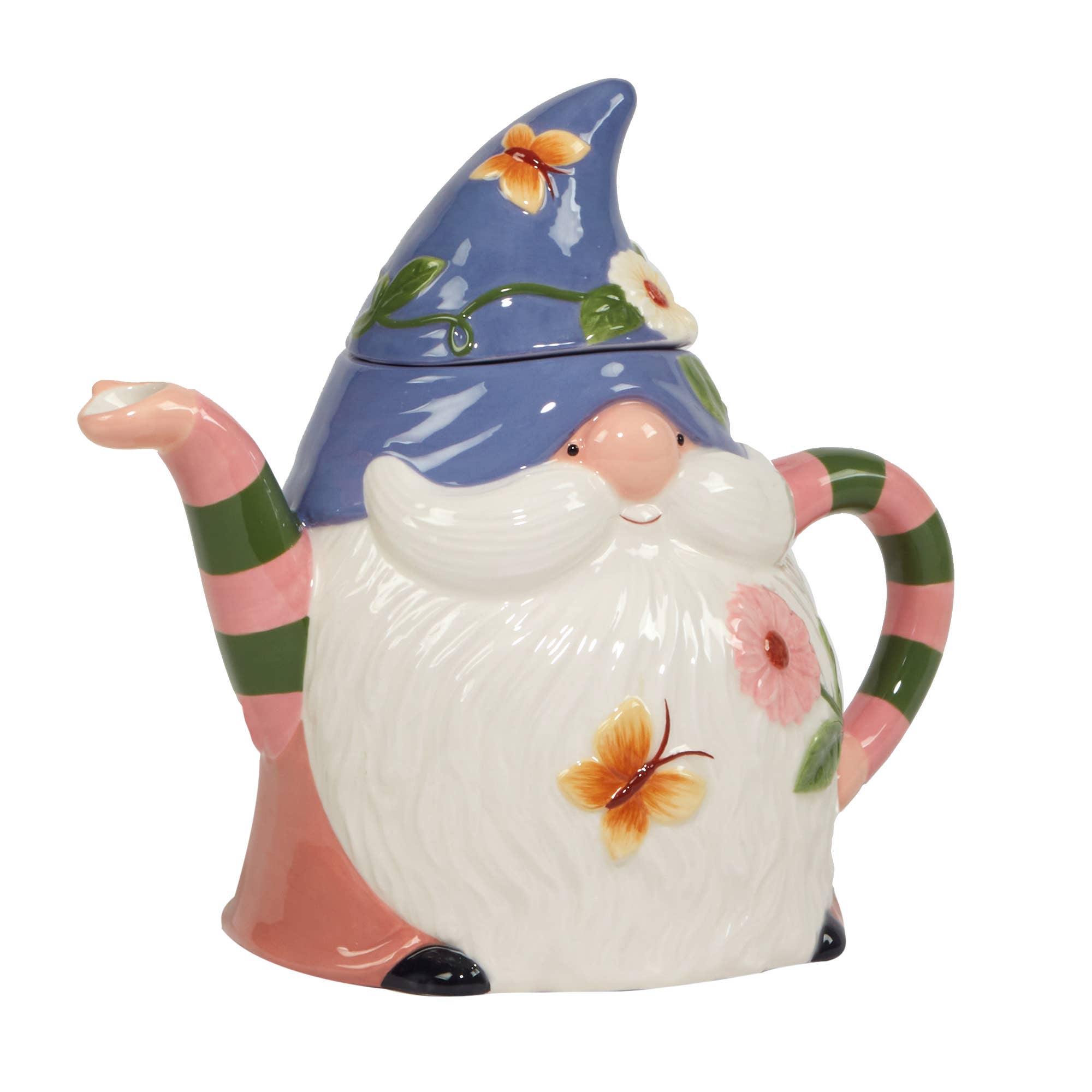 The 3-D Gnome Teapot features a whimsical garden gnome with a blue hat, floral accents, and a striped spout and handle, perfect for adding charm to your teatime.