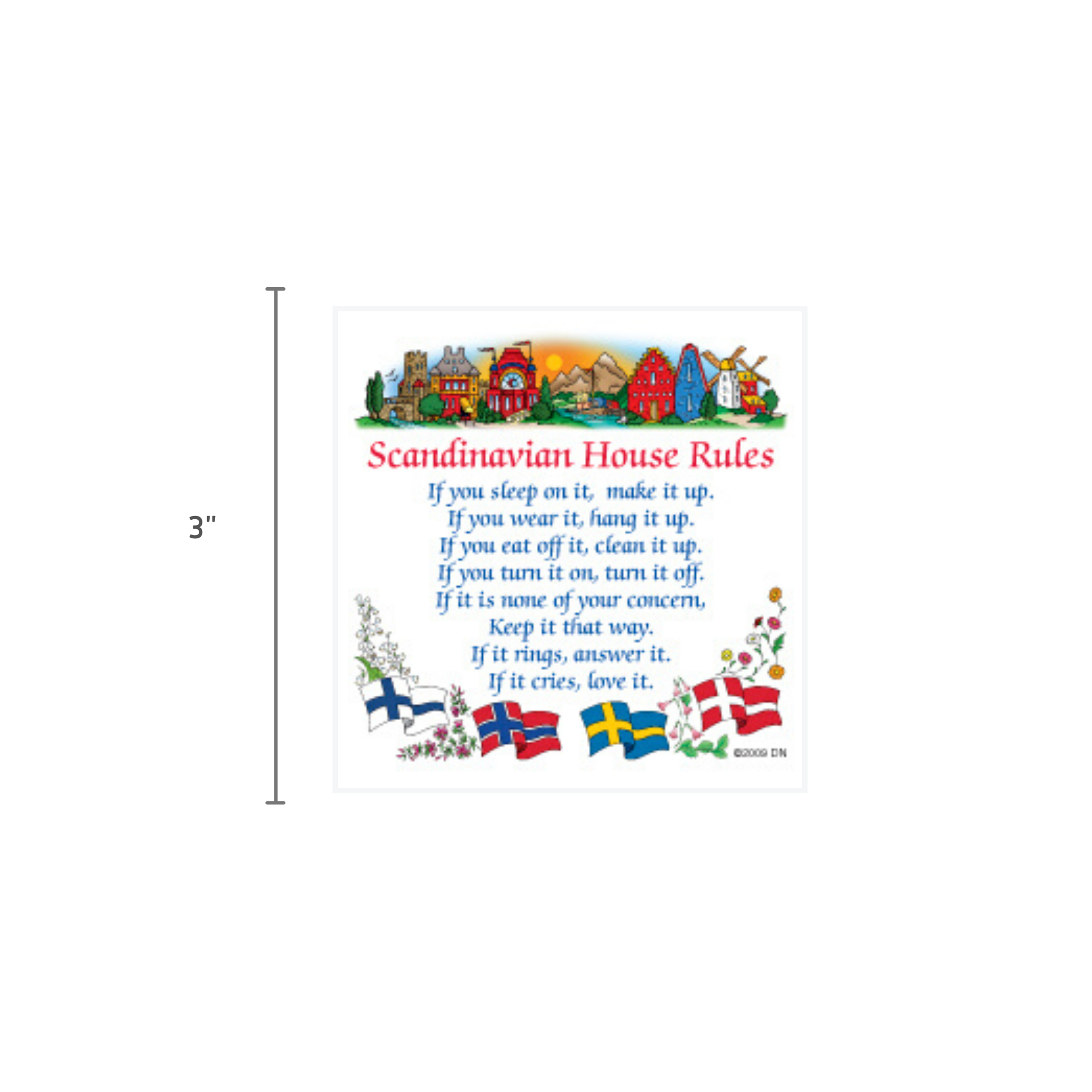 The Swedish Gift Idea Magnet Tile House Rules showcases Scandinavian house rules with charming illustrations of traditional houses and flags, making it an ideal decorative piece or unique Scandinavian gift.