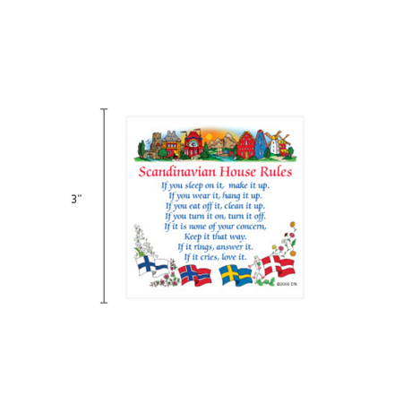 This Magnet: Scandinavian House Rules Refrigerator Magnet showcases charming house and flower illustrations, complemented by Scandinavian flags, adding a touch of Nordic charm to your home.