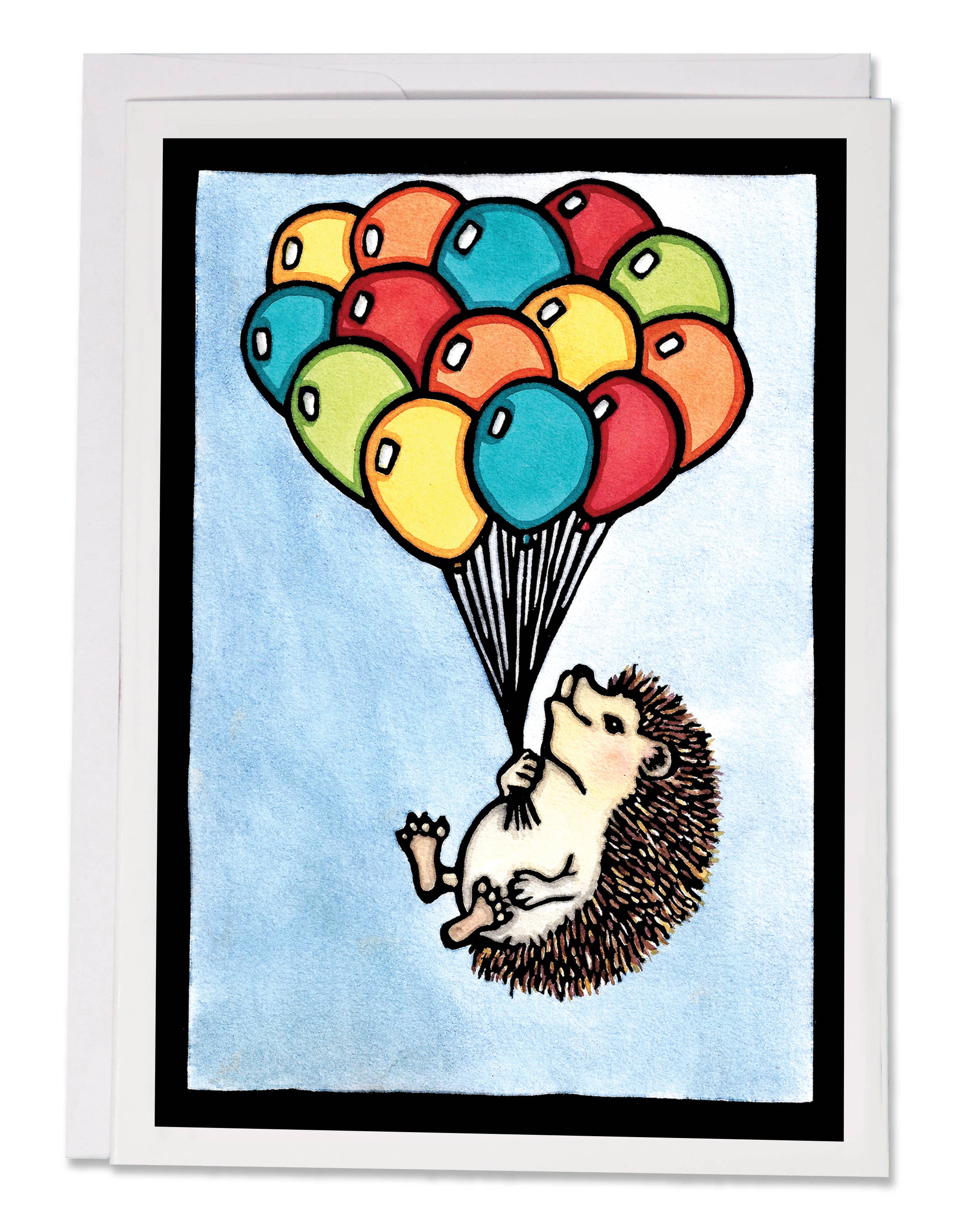 Up, Up and Away Hedgehog with Balloons 5x7 Greeting Card features a whimsical hedgehog floating with colorful balloons against a blue sky. Blank inside for your message; inspired by Sarah Angst art. Includes envelope.