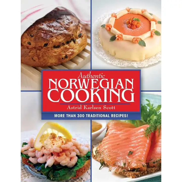 The book Authentic Norwegian Cooking by Astrid Karlsen Scott highlights traditional Norwegian foods with images of bread, decorated cake, shrimp on toast, and smoked salmon on the cover.