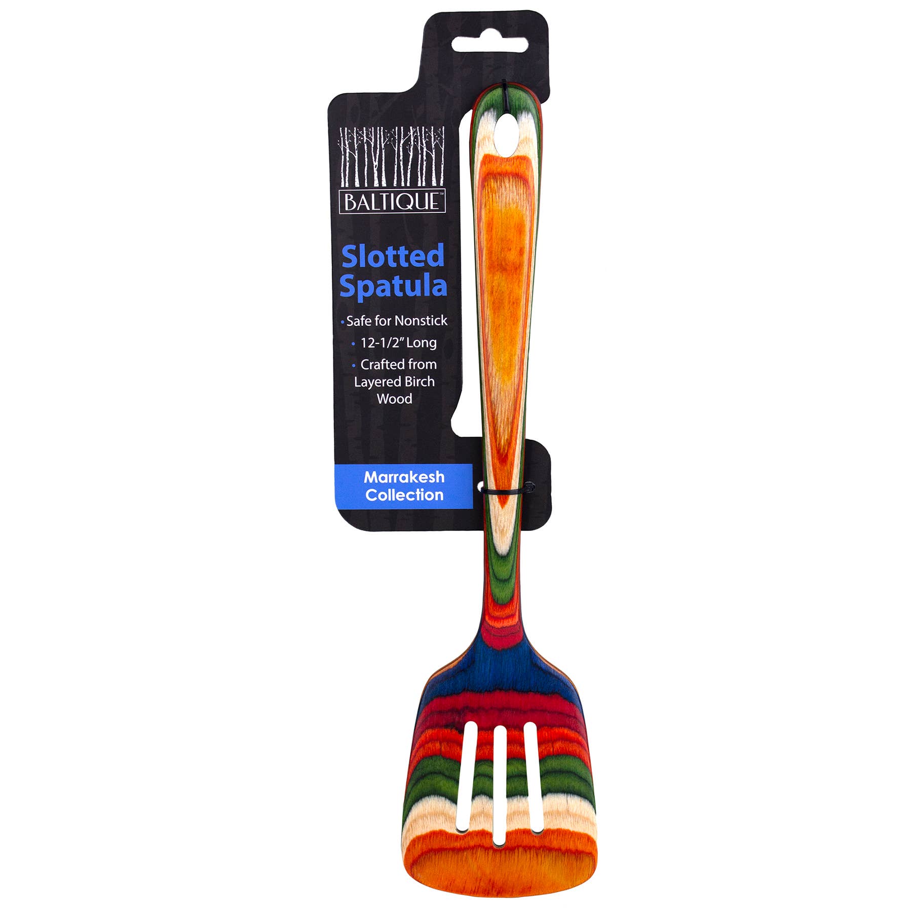 Explore the bold and vibrant Utensil from the Marrakesh Collection - Slotted Spatula, skillfully crafted from layered birch wood. This non-stick spatula is designed to protect your cookware, combining style and safety. A label provides detailed information on its features and dimensions, making it a must-have addition to any kitchen setup.