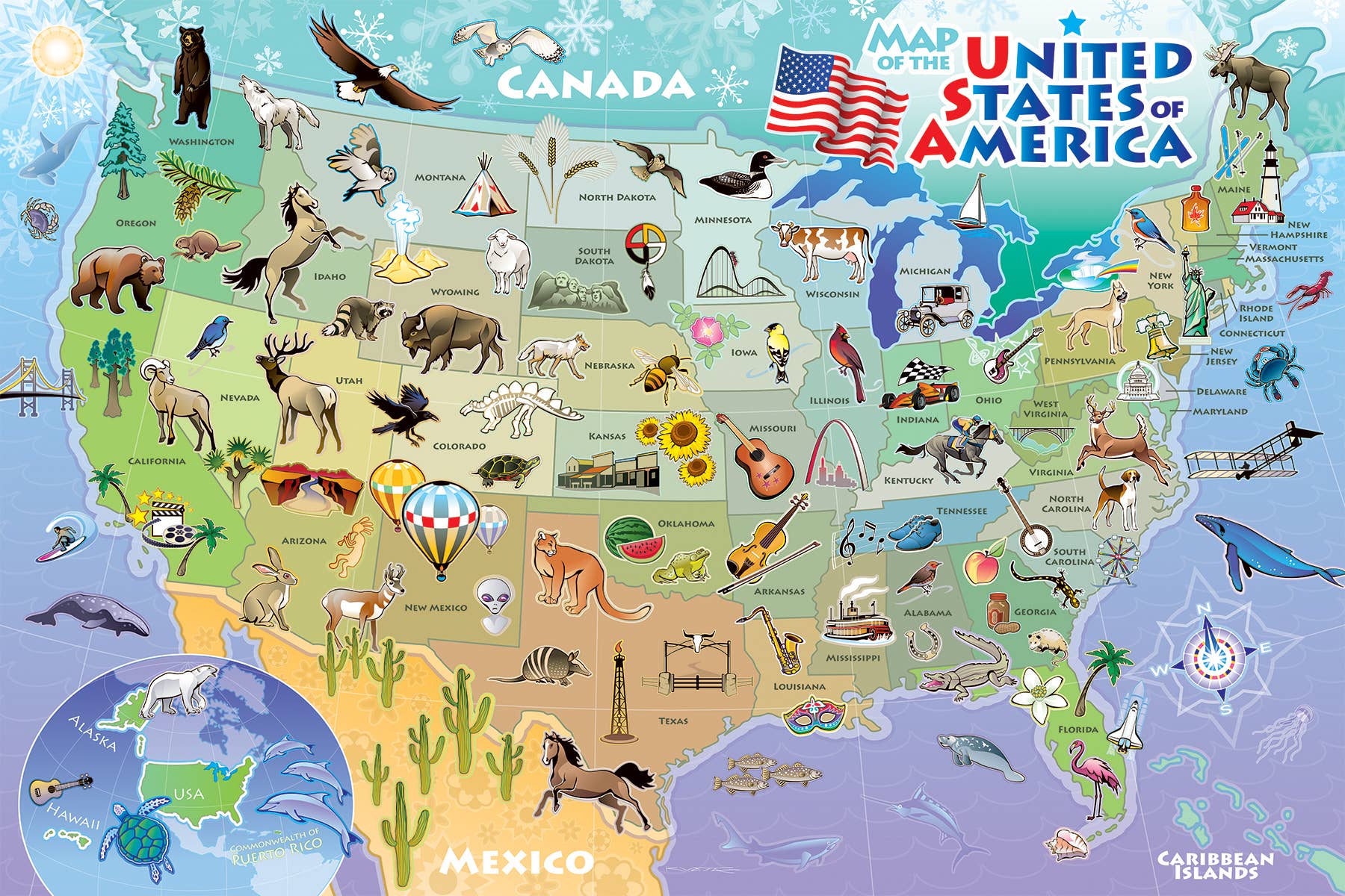 Explore the United States with this 36-piece floor puzzle that showcases an illustrated map featuring state animals, key symbols, major landmarks, and geographic highlights. The Puzzle: Map of the USA offers a fun way for kids to learn about the states and enjoy decorative elements from Canada, Mexico, and the Caribbean.