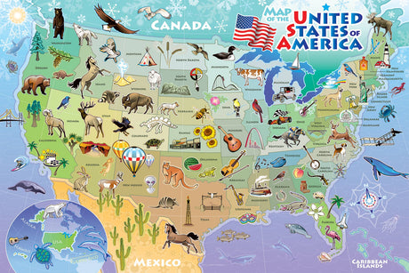 Discover iconic wildlife and landmarks of each state with the Puzzle: Map of the United States of America 48-piece floor puzzle, vibrant with colorful images of animals, plants, and symbols across the USA.