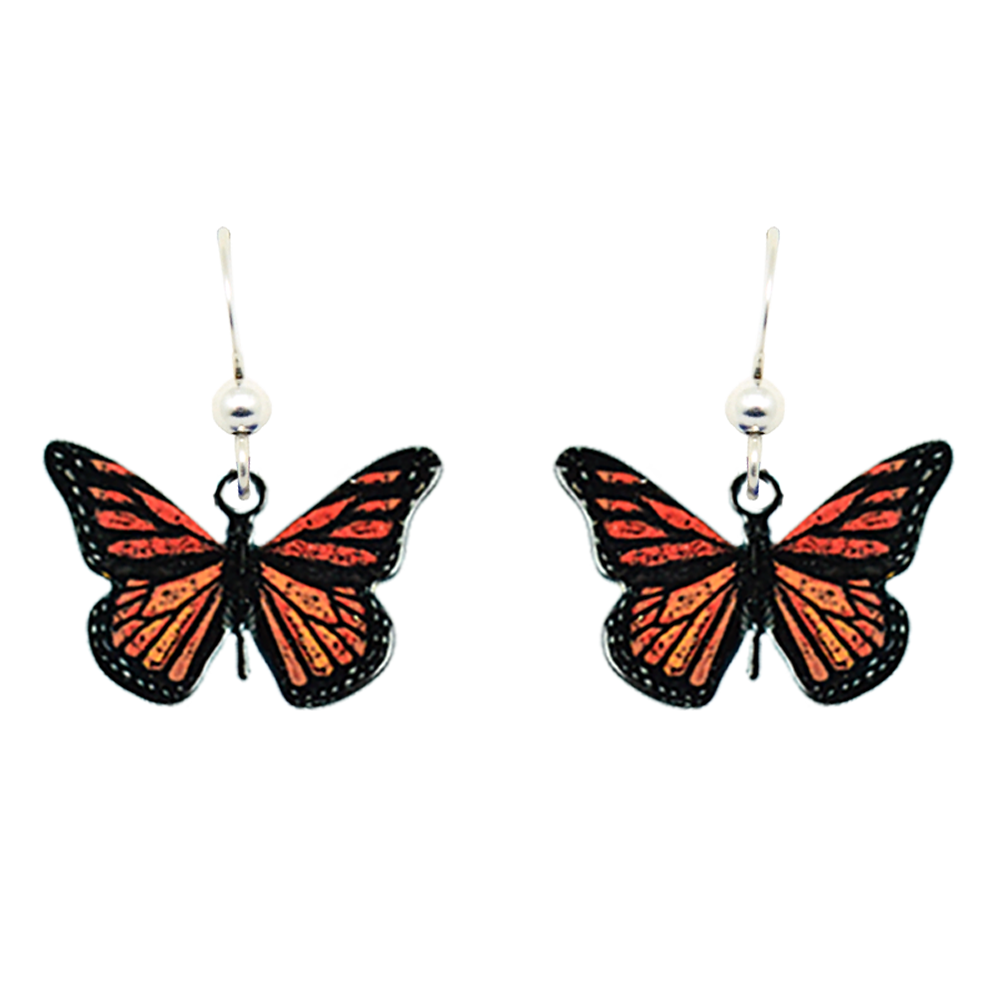 Earrings: Monarch Butterfly-Shaped Stainless Steel Dangle Earrings feature vibrant orange and black designs on hypoallergenic silver hooks, adding a charming touch to any outfit.