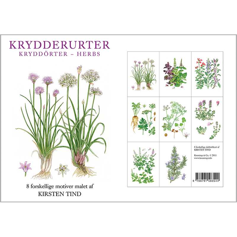 Illustrated card pack featuring herb motifs and drawings titled "Card Pack: Herbs 8 images with envelopes in a Cardfolder" by Kirsten Tind, showcasing vibrant images of various herbs. Perfect for those who appreciate the beauty of nature, printed on quality FSC paper.