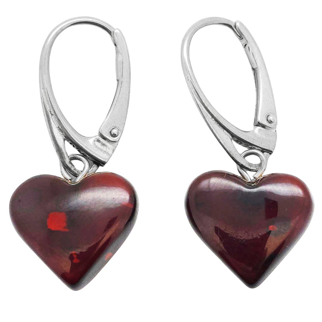 A pair of Heart Cherry Amber Sterling Silver Earrings featuring dark red, heart-shaped charms.