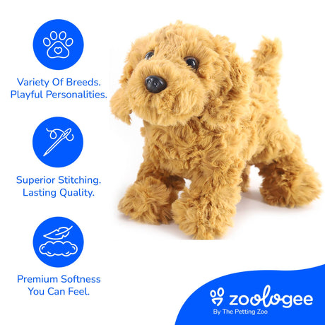 Plush Golden Doodle stuffed animal with curly brown fur and visible stitching. Small Zoologee logo appears in the bottom right corner of the image.