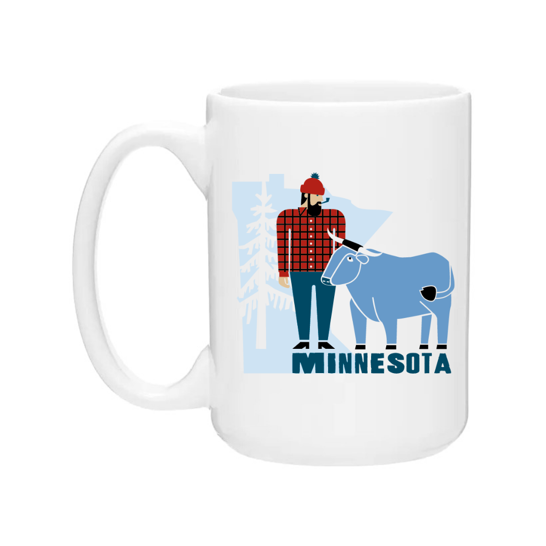 The 11 oz Paul & Babe Minnesota Coffee Mug features Cindy Lindgren’s design of Paul Bunyan in a red plaid shirt with Babe the Blue Ox and “MINNESOTA” below—ideal for classic folklore fans.