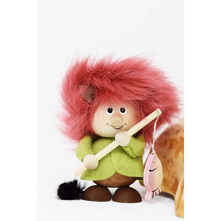 The Figurine: Troll Fisherman with a Fishing Rod showcases a handmade Scandinavian troll with red hair, holding a wooden fishing pole accented by a pink fish, all set against a white background.