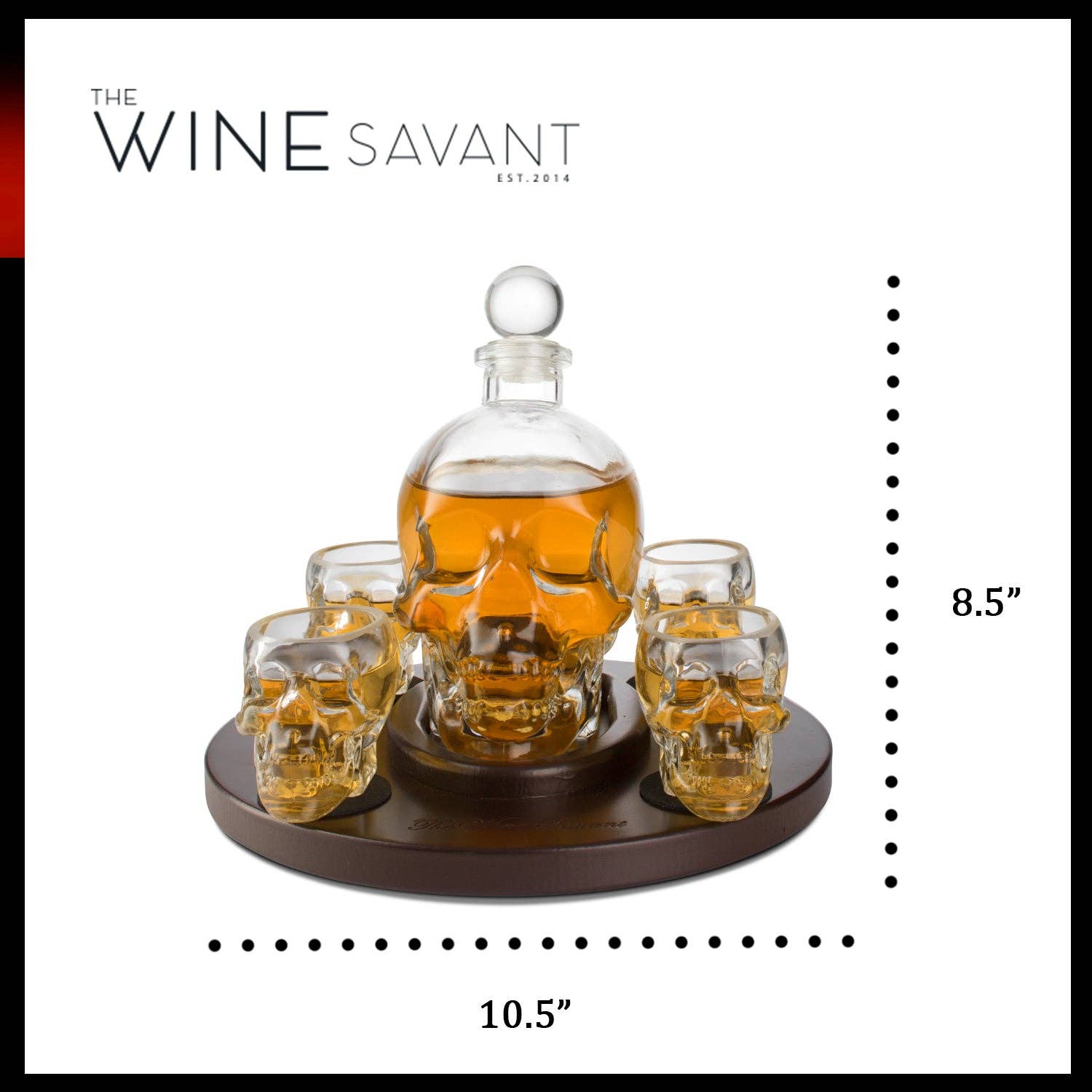 The Skull Decanter Set & 4 Skeleton Skull Shot Glasses sits on a round wooden tray—perfect for pirate parties. The set measures 10.5 wide by 8.5 tall and creates a striking centerpiece with its unique skull design.