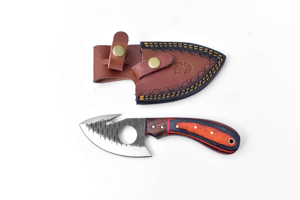 Knife: Stainless Steel Handcrafted Gut Hook Skinner Knife with Exotic Wood Handle & Leather Sheath