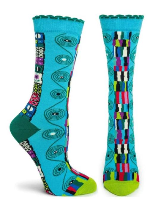 The Ozone Women's Spirals socks showcase a vibrant blue design with colorful geometric patterns that echo the art of Gustav Klimt. Featuring circular designs on one side and vertical stripes on the other, these socks are completed with striking green toes and heels for a fresh twist.