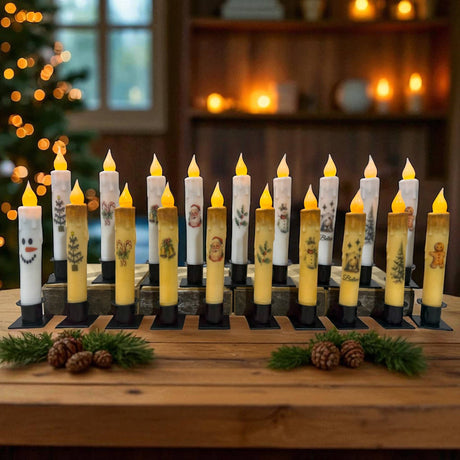 A row of Santa Christmas LED Battery Operated Timer Taper Candles in white sits on a wooden table, surrounded by pinecones and greenery, glowing warmly and adding festive charm to the cozy room.