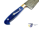 A close-up of the Knife: Damascus Chef Knife, featuring a blue handle and patterned Damascus steel blade, next to the Titan International Knives logo.