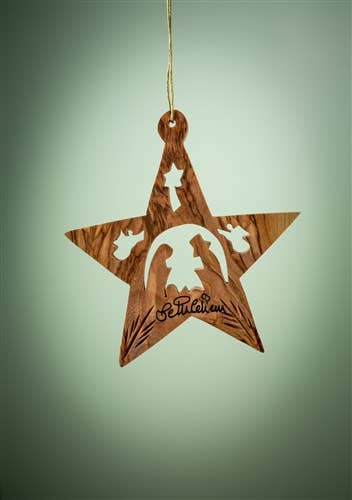 The 3" Star with Nativity and Angels ornament is crafted in Bethlehem from olive wood, featuring Mary, Joseph, baby Jesus, and two angels—a beautiful Christmas tree decoration.