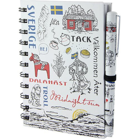 Discover the Sverige - Sweden Notebook & Pen, featuring Swedish-themed illustrations with Nordic icons such as a Dala horse, troll, and coffee symbols. This charming set includes a matching pen and makes the perfect Nordic souvenir.