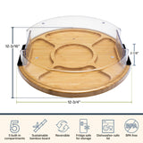 Round bamboo serving tray with five divided compartments and a clear lid, featuring overlaid dimension labels and feature icons.