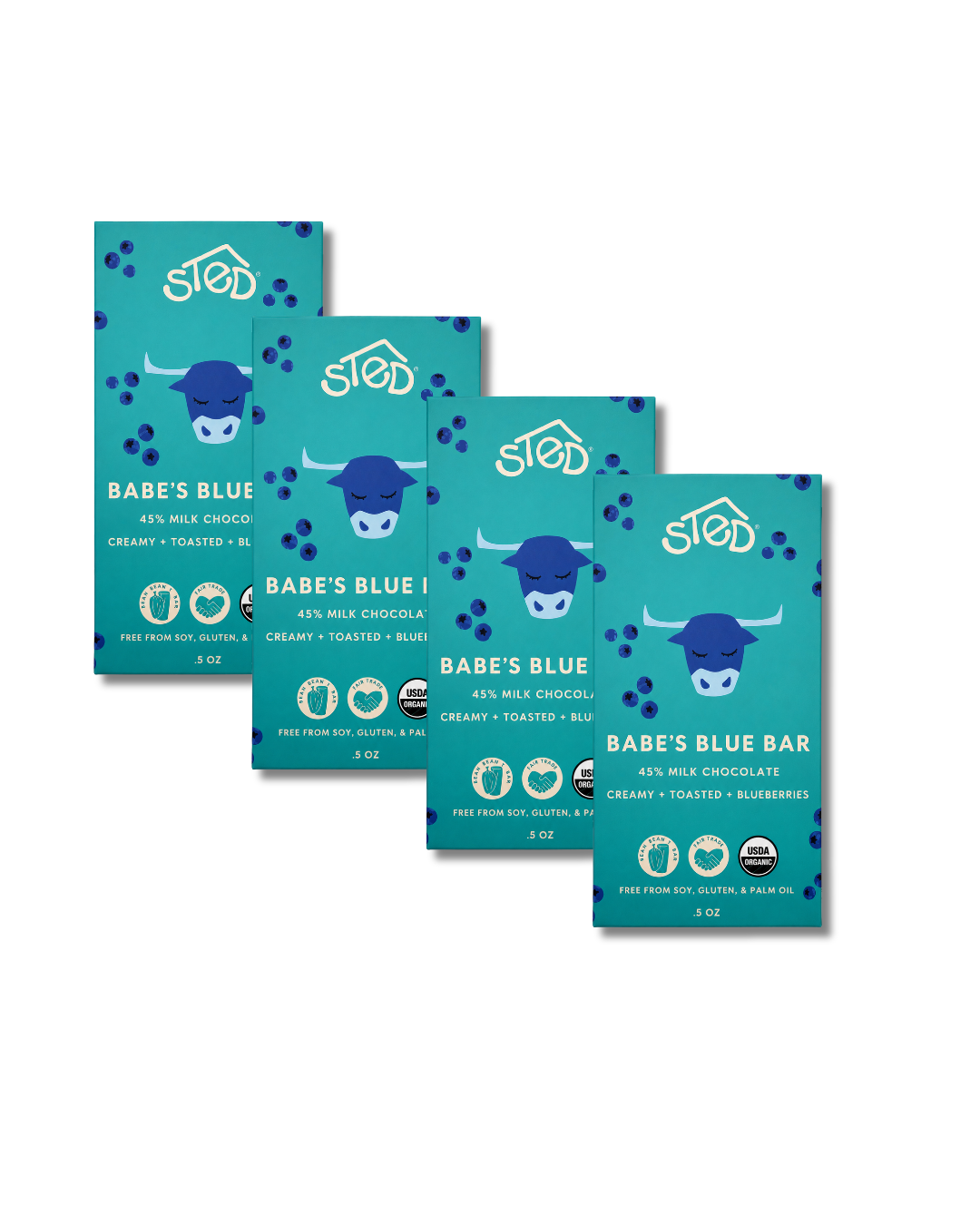 Four blue chocolate bar packages featuring wild blueberries and cow illustrations, arranged in a staggered row on a white background.