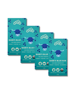 Four blue chocolate bar packages featuring wild blueberries and cow illustrations, arranged in a staggered row on a white background.