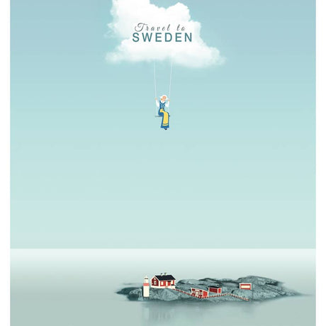 A person in traditional Swedish clothing floats from a cloud labeled "Travel to Sweden" above a coastal village with a lighthouse on this oversized 7.25" x 4.65" postcard—perfect for any Swedish travel poster collection.