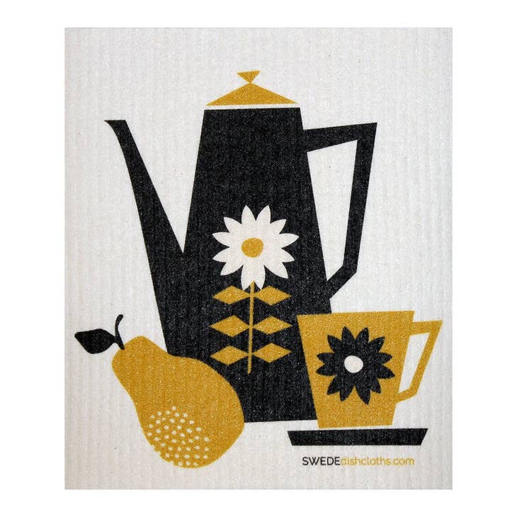 An illustration of a black and yellow coffee pot, cup, pear, and daisy with a geometric design accompanied by the 'Dish Cloth: Retro Coffee', featuring vibrant patterns that add an environmentally-friendly touch.