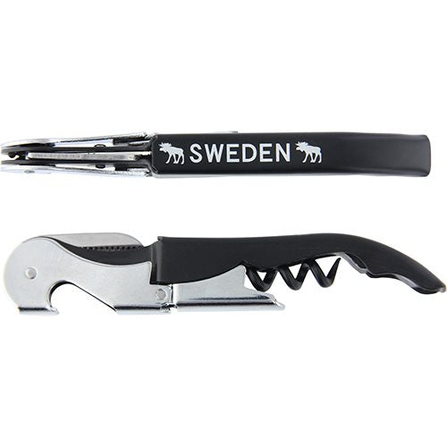 A black and silver corkscrew bottle opener, named the Opener/Corkscrew Älgar Sweden, is adorned with elegant SWEDEN and moose designs on the handle.