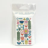 A set of 8 Juniper Blue "Tuli" Scandinavian Fox & Floral Folk-Art gift tags (2"x3.5") with envelopes, sealed in a clear bag with a top label, featuring colorful Nordic-inspired designs.