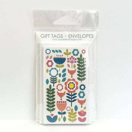 A set of 8 Juniper Blue "Tuli" Scandinavian Fox & Floral Folk-Art gift tags (2"x3.5") with envelopes, sealed in a clear bag with a top label, featuring colorful Nordic-inspired designs.