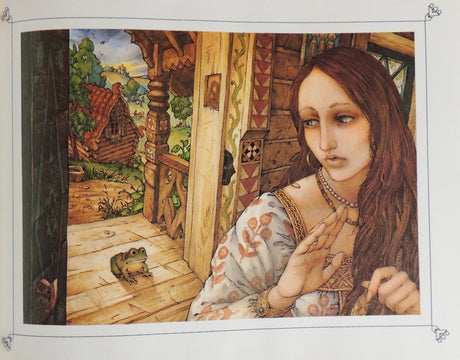 A woman in a patterned dress stands inside a wooden house with an open door, looking at a small frog outside. Norwegian fairy tale scene depicted.