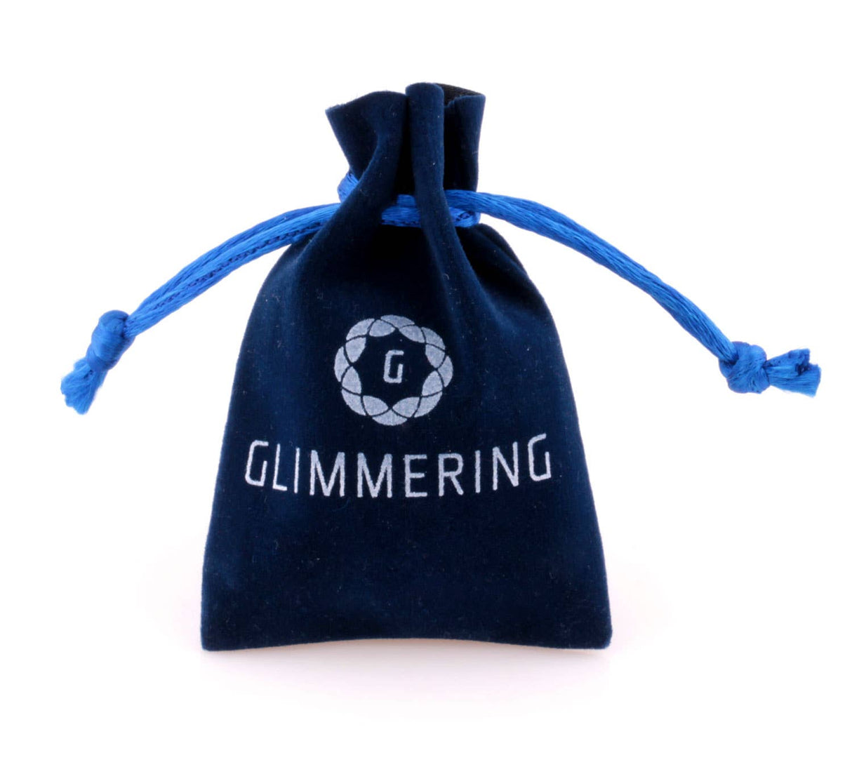A small navy blue drawstring pouch with "GLIMMERING" and a circular logo in white—perfect for gifting Earrings: April Crystal Swarovski® Crystals Spiral Dangle Earrings.