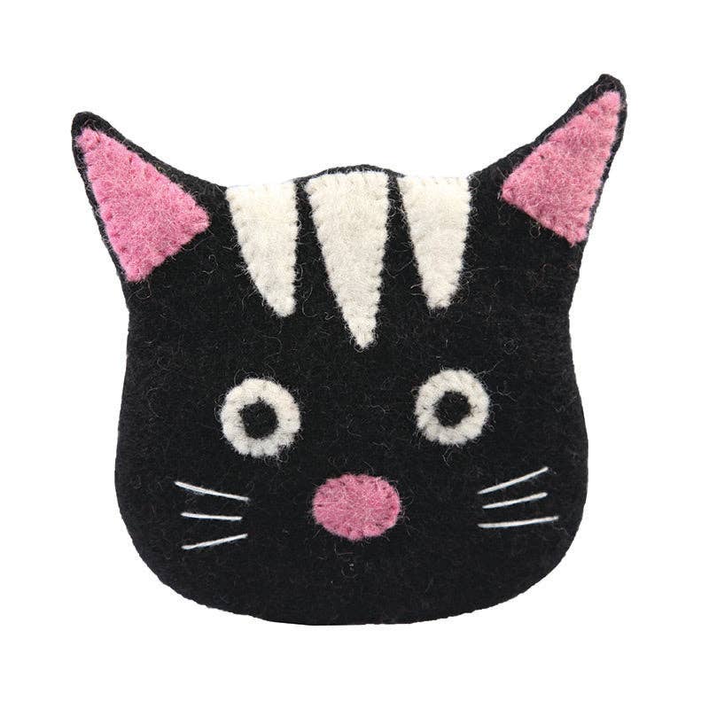 This Black Cat Face-Shaped Coin Purse is handmade and showcases an adorable felt cat face adorned with black fur, pink ears and nose, alongside white stripes and whiskers. Enjoy the playful pom-pom zipper closure as you embrace this charming Black Cat Theme.