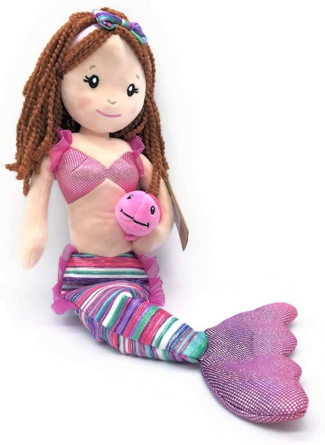 The Plush: Mermaid Boho Mermaid w/ Sea Turtle 17" features a plush doll with brown yarn hair, a pink top, and a multicolored tail, complete with a removable sea turtle toy for girls who enjoy imaginative play.