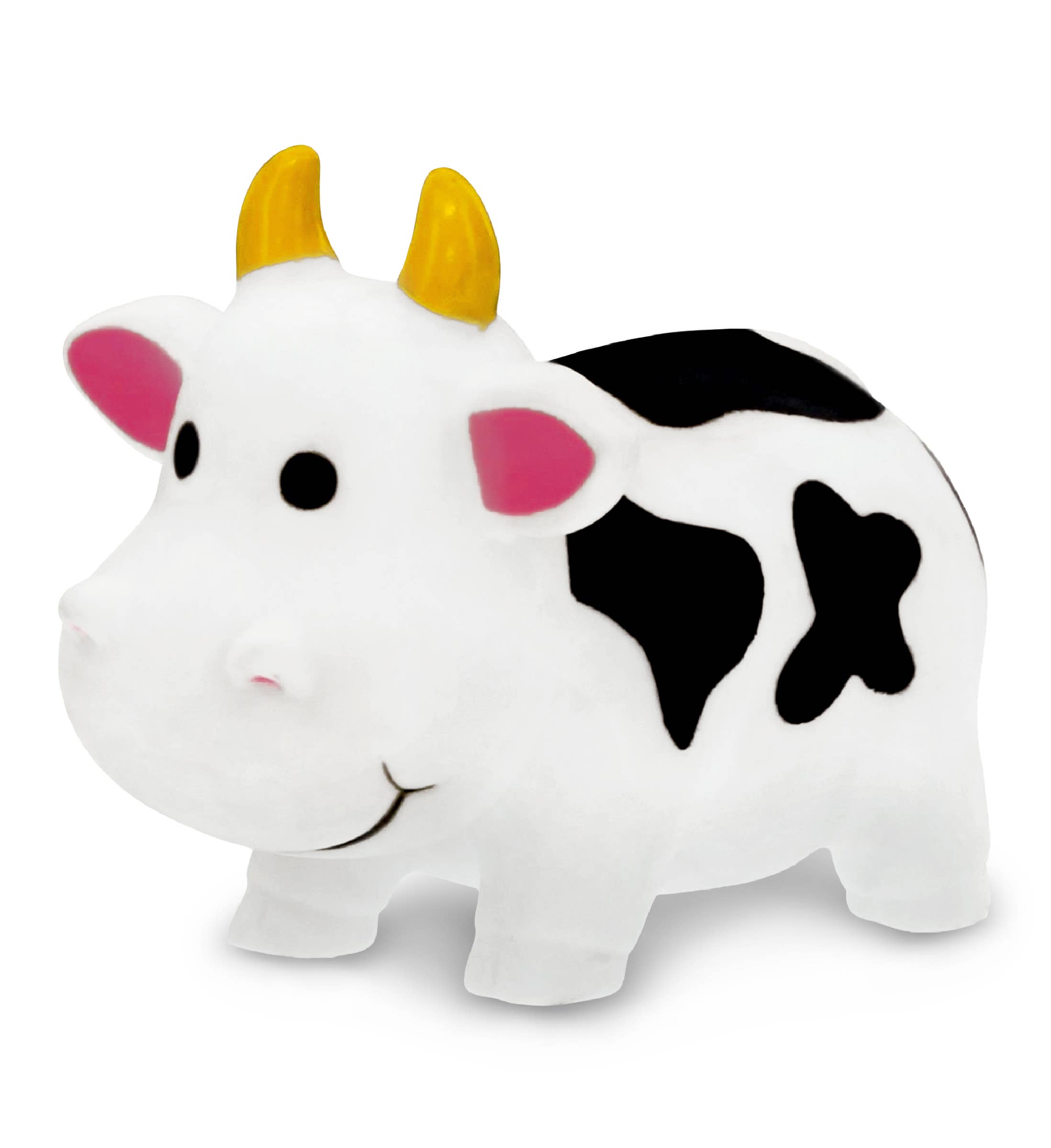The Bath Toy: Cow Bath Water Squirter features a white and black cow with yellow horns, pink inner ears, and a cute smile—perfect as a fun farm animal bath toy for kids.