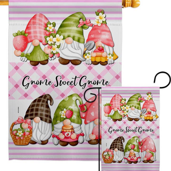 Add a whimsical touch to your garden with the Flag: Gnome Sweet Gnome Garden Flag, featuring four gnomes, flowers, strawberries, and baked goods on a pink plaid background. Made from weather-resistant fabric for lasting outdoor charm.
