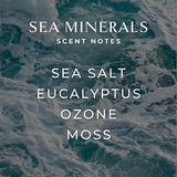 A graphic over ocean waves features Sea Minerals Candle Scent Notes—Sea Salt, Eucalyptus, Ozone, Moss—in white text, evoking the fresh coastal aroma of Fjord & Fable’s 8oz soy wax candle with 2 wicks and 20+ hour burn time.