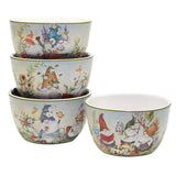 This charming set of four stackable 5.25in x 3in Garden Gnome Ice Cream Bowls features whimsical gnomes reading and gardening, with top bowls revealing their interiors. The floral and nature-themed designs add a delightful touch to any table setting.