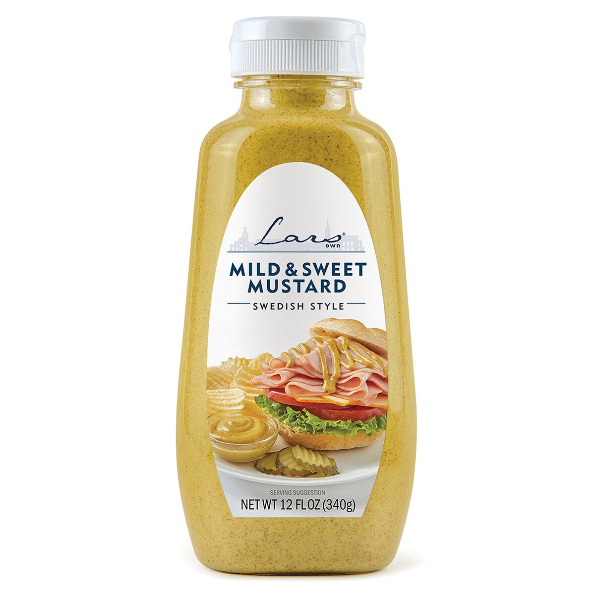 A 12 oz bottle of Lars Own Mild & Sweet Mustard features a white cap and a label with sandwiches topped with mustard; classic Swedish flavor.