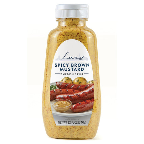 A 12 oz plastic bottle of Lars Own Spicy Brown Mustard, Swedish style, with a label showing a sausage and spicy brown mustard.